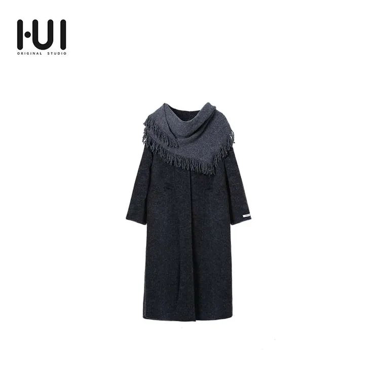 HUI长款中长款毛呢外套秋冬外套长袖呢大衣时尚百搭常规