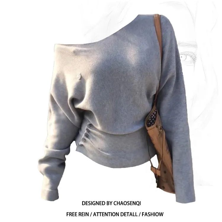 大码胖mm巨好看的斜肩上衣女秋季新款设计感收腰显瘦长袖打底衫潮