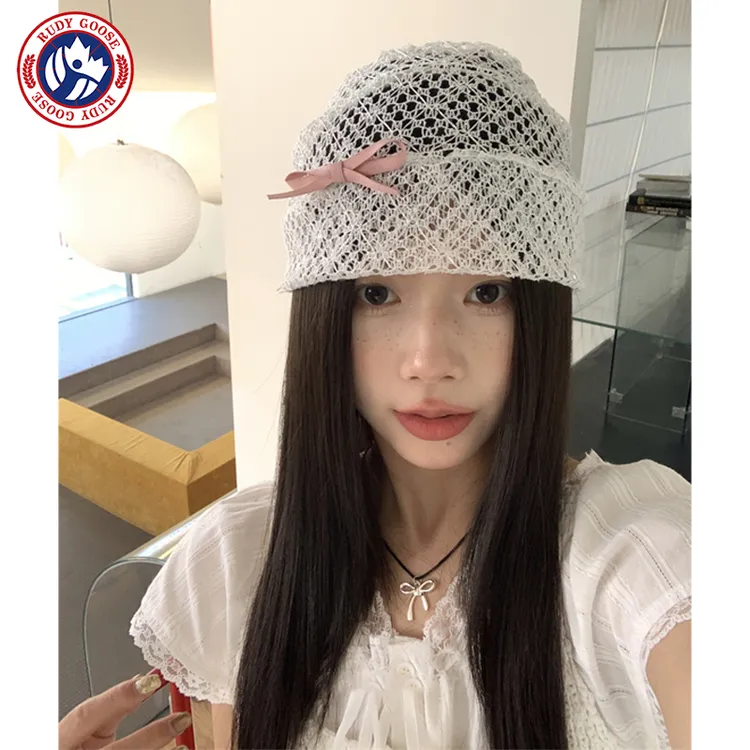 RUDY GOOSE韩版小众镂空蕾丝帽子包头帽女蝴蝶结薄款针织帽堆堆帽