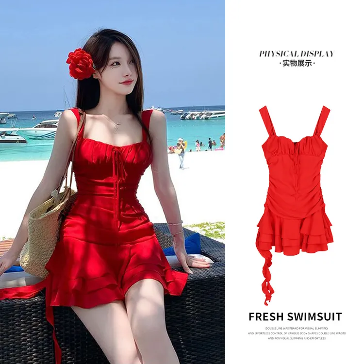 明媚夏日新款泳衣女夏季显白海边度假小红裙连衣裙式温泉泳装