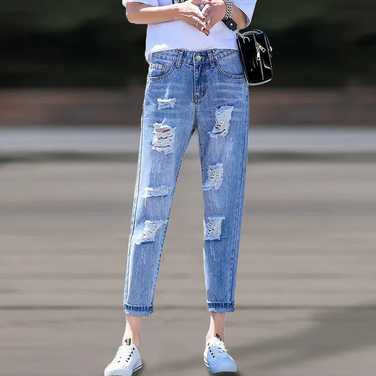 蓝色破洞牛仔裤女款爆款2025薄款宽松显瘦直筒裤高腰老爹乞丐裤子