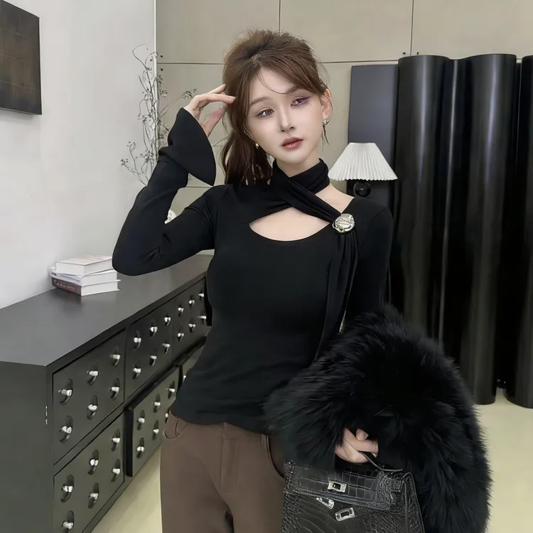 秋冬法式轻熟镂空飘带修身打底衫T恤女内搭设计感显瘦长袖上衣