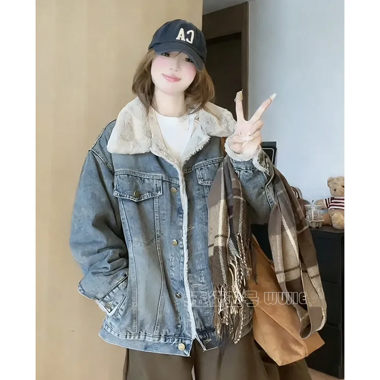 加绒加厚牛仔棉服外套女2025秋冬季新款韩版宽松棉衣夹克上衣潮