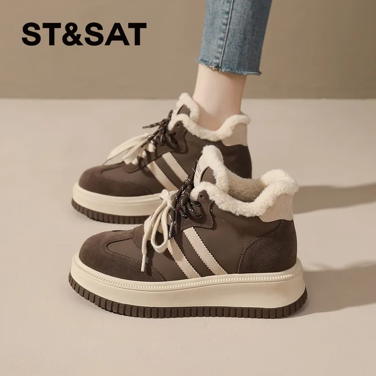 星期六加绒毛毛棉鞋女2025冬季保暖高帮休闲板鞋复古低帮雪地靴女