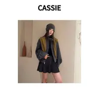 CASSIE新款时尚百搭显瘦圆领拉链羊毛呢短外套女带围巾