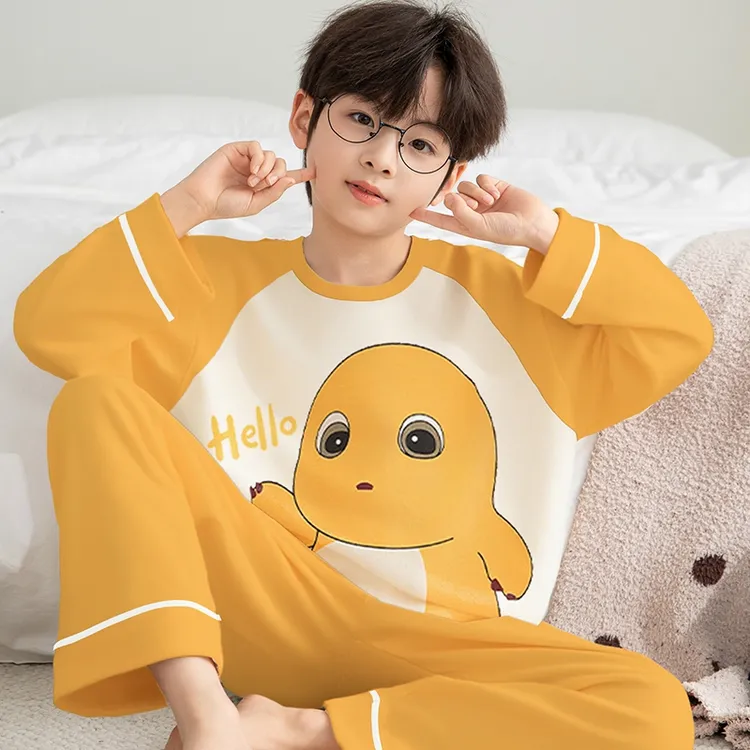 男童睡衣100%纯棉春秋季长袖薄款中大童男孩子家居服圆领儿童套装