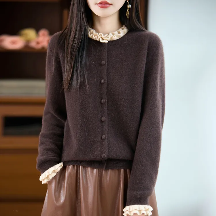 品牌官方100%山羊绒拼色花边领针织开衫外套女冬季复古保暖上衣女