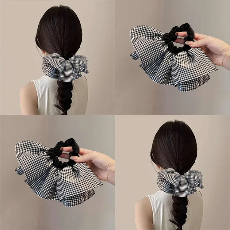 韩国氛围感黑白格子立体双层裙摆发圈赫本风高级感扎发头绳肥肠圈