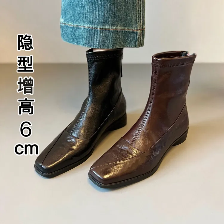 通勤小短靴2025年秋冬新款真皮气质方头软底舒适阔腿裤必备鞋