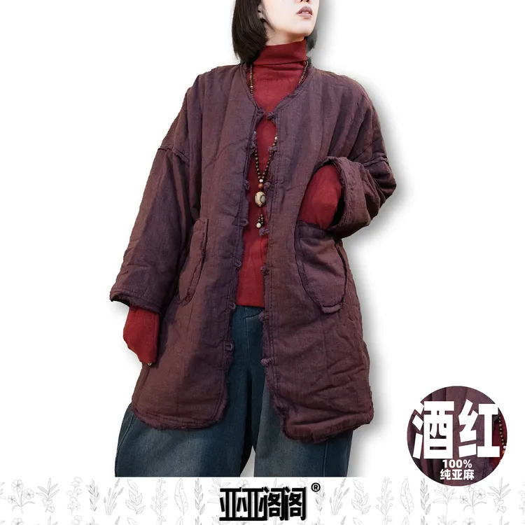 亚亚阁阁【亚麻夹棉国风长袍】亚麻夹棉国风中长款盘扣长袍棉服83