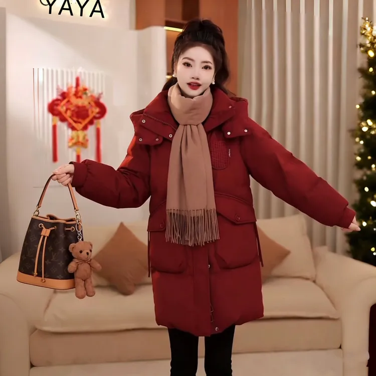 90绒红色羽绒服女中长时尚百搭保暖舒适外套YE3B635155L商品图