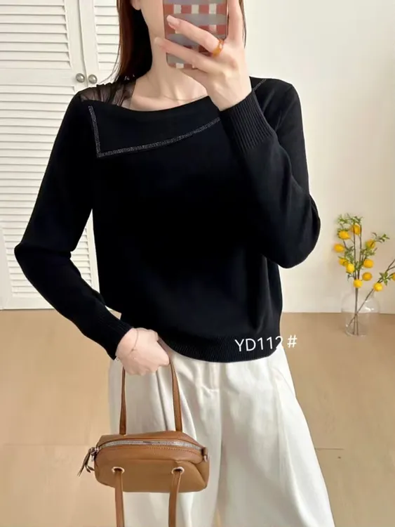 百花果冬季新品女士毛衣针织衫上衣侧方领纯色百搭气质遮肉显瘦