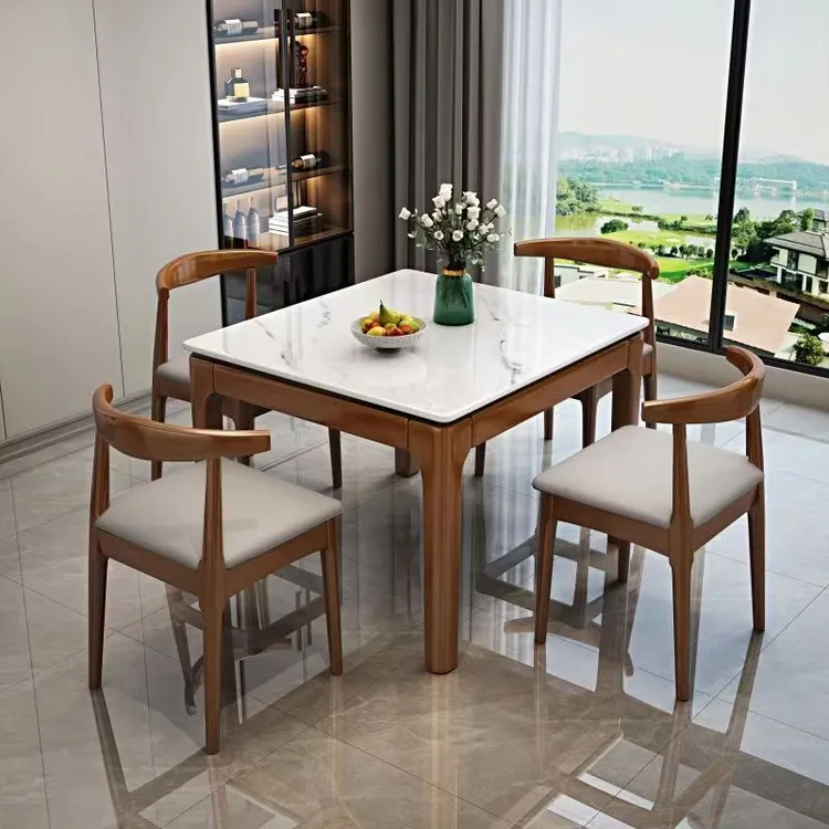 正方形实木岩板餐桌简约现代家用小户型白色四方桌餐厅吃饭小方桌