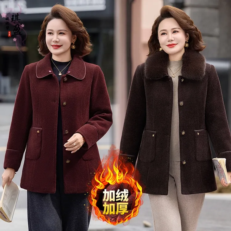妈妈装水貂绒秋冬外套加绒加厚羊羔绒保暖中老年女短款外搭貂大衣