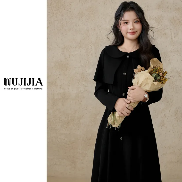 【五季家大码】秋冬气质优雅收腰显瘦黑色/咖色连衣裙ZL115141