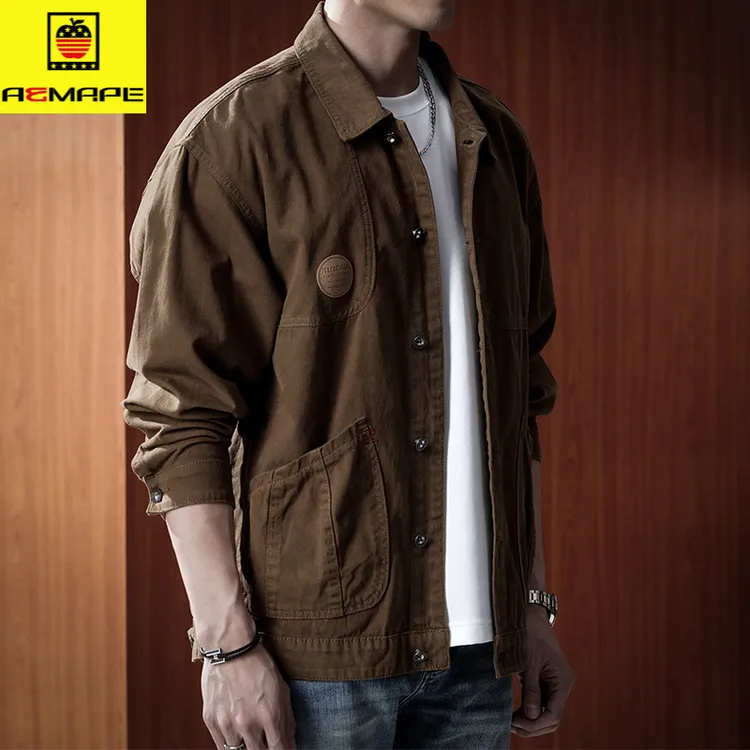 重磅潮流休闲运动纯棉上衣外套美式户外复古翻领百搭工装夹克男款