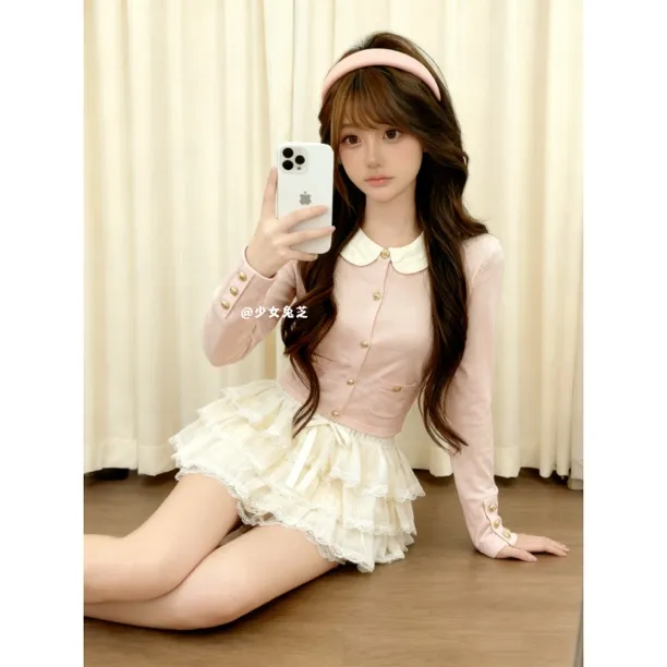 奶油小香 韩系甜美少女早秋娃娃领针织上衣搭配短裙套装