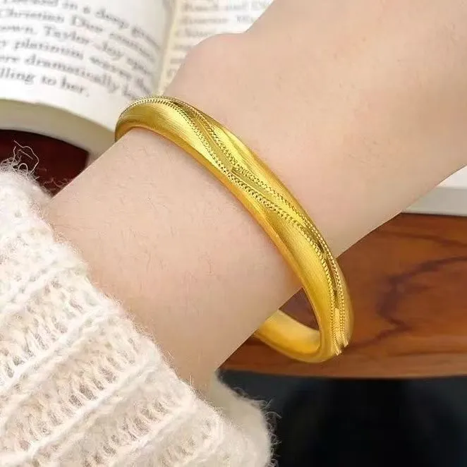 铜合金手镯 古法复古拉丝波浪纹手镯实心闭口镯子