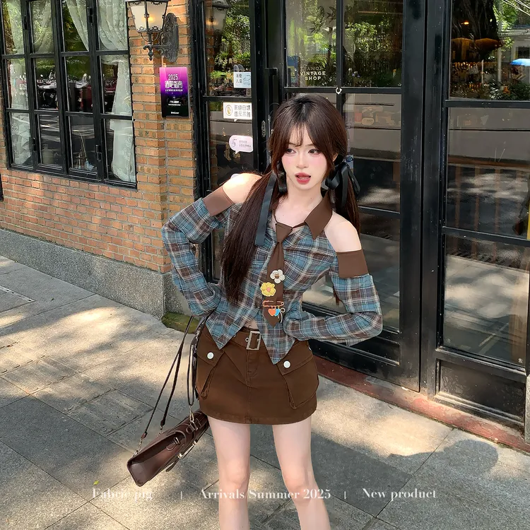 小熊咖啡 织物猪原创 甜酷风格子衬衫上衣女早秋高腰a字短裙长裤