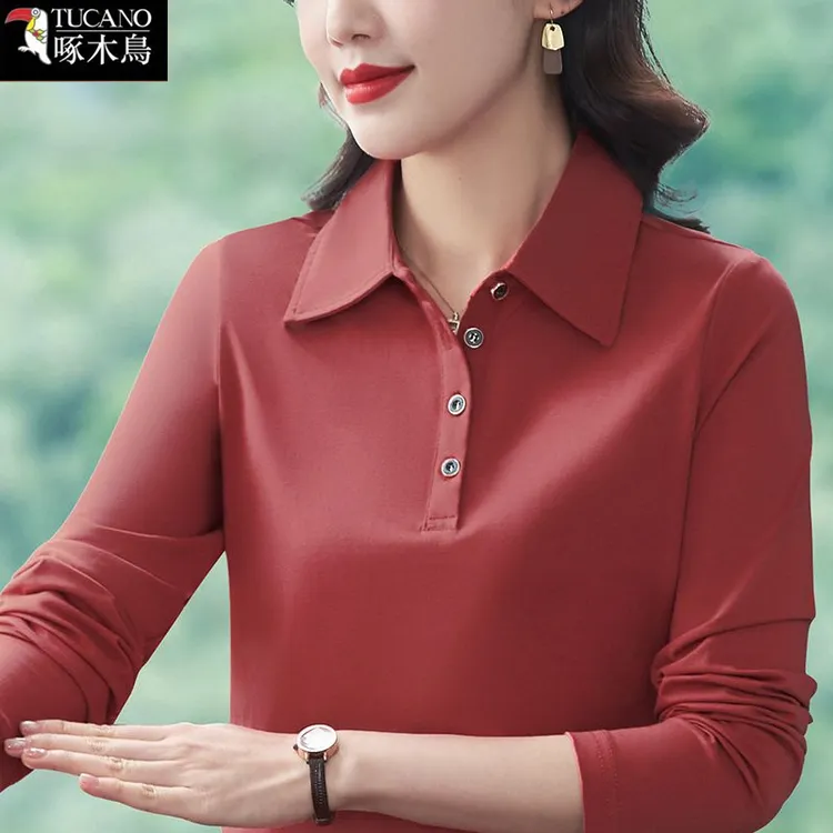 啄木鸟纽扣POLO领长袖t恤女春秋新款中年减龄妈妈装百搭显瘦上衣