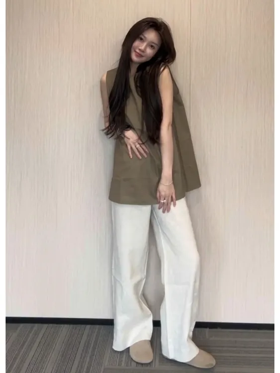 洋气茶里茶气法式气质显瘦咖色衬衫白色阔腿裤套装女夏季2025新款