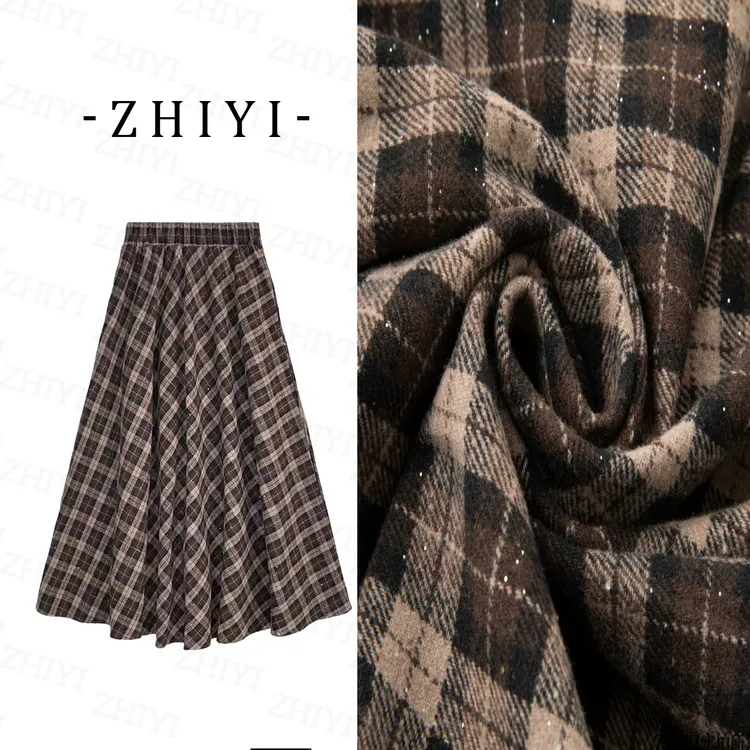 【二个裙长】2025年秋季复古咖色格子高腰垂感毛呢A字裙高腰长裙子