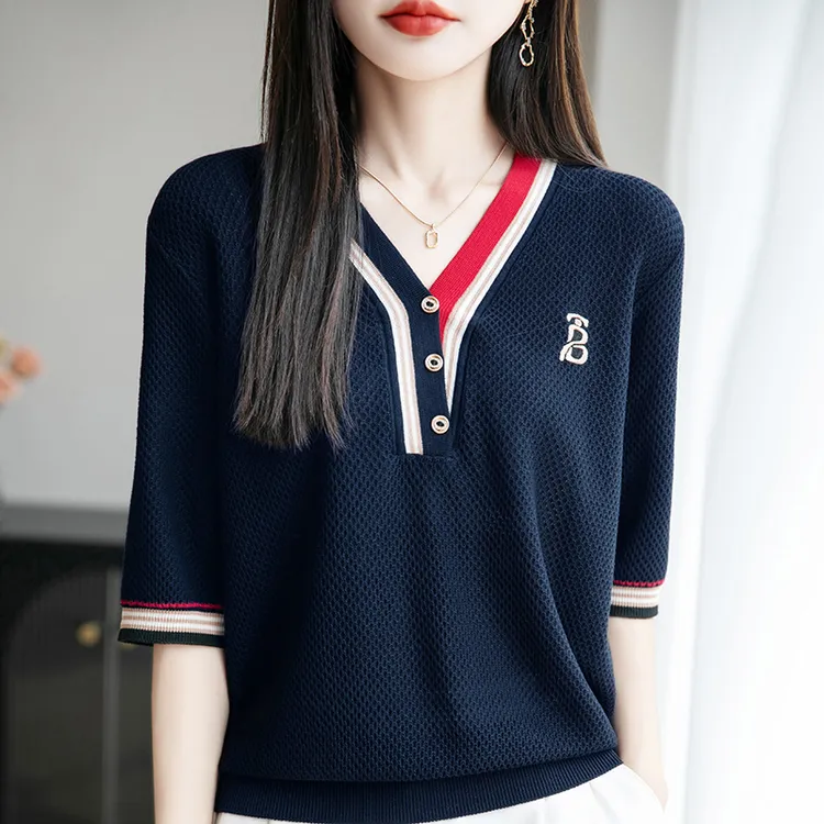【奥莱撤柜】哥家女士夏季V领冰凉短袖针织衫T恤拼色刺绣时尚上衣薄