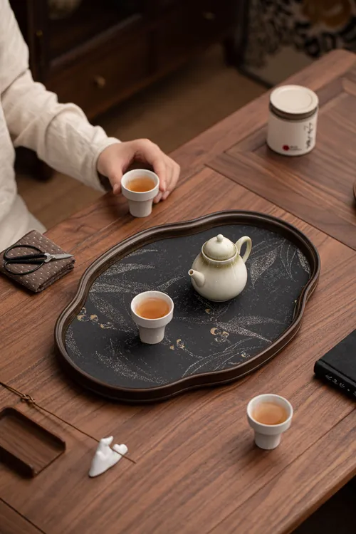 中式海棠花玻璃茶托茶盘竹制茶盘托盘茶道茶室茶台水果点心收纳盘