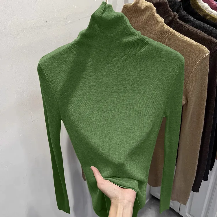 2025秋季新款豌豆绿内搭打底上衣堆堆高领长袖针织衫修身毛衣女