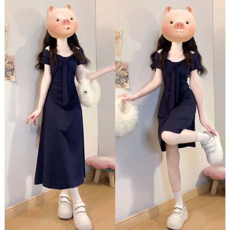 大码女装蕾丝邂逅胖mm海军领蕾丝拼接短袖收腰长短款连衣裙女