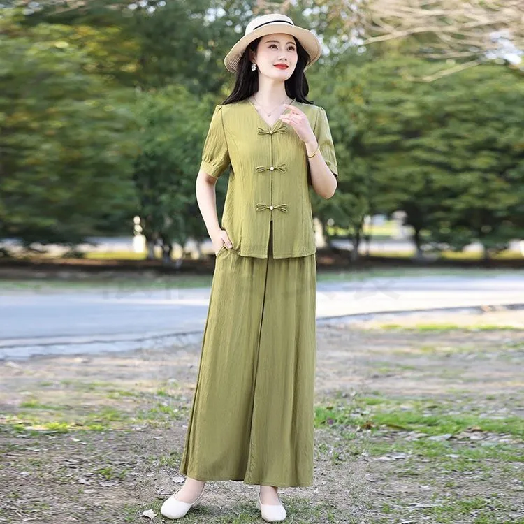 中式妈妈阔腿裤套装夏季新款衬衫2025气质大码洋气时尚国风两件套