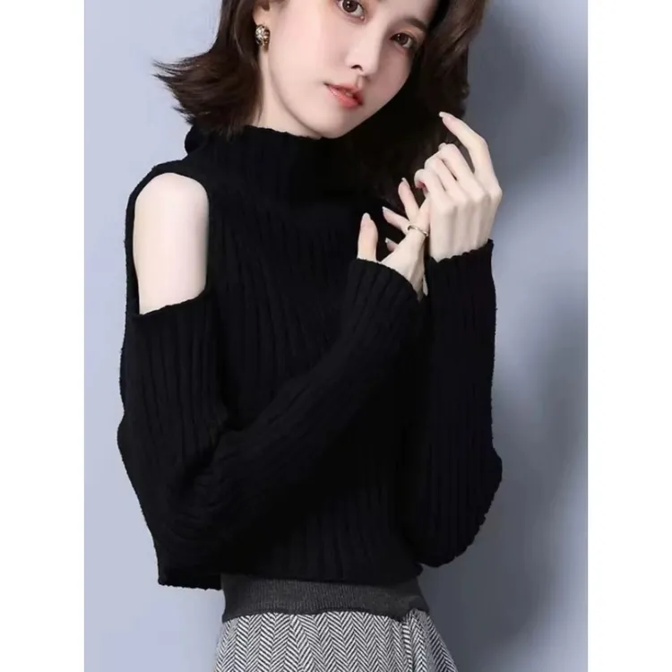 2025秋冬半高领针织衫上衣女辣妹风露肩宽松毛衣短款高腰洋气小衫