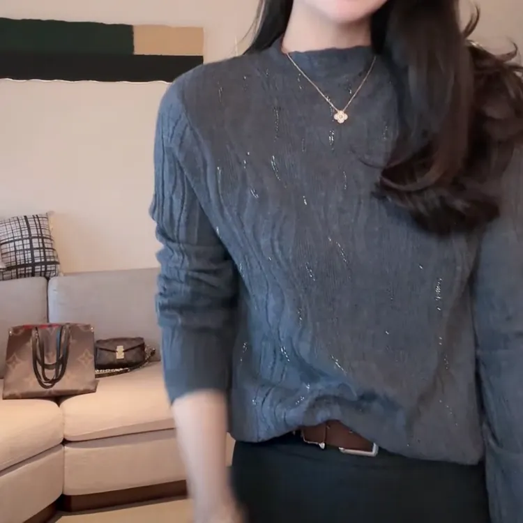 设计感纹理感半高领打底针织衫女秋冬新款慵懒风时尚百搭长袖毛衣