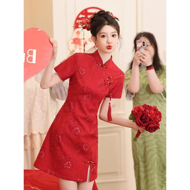 红色旗袍敬酒服新娘2025新款夏季新中式订婚礼服结婚小个子改良女