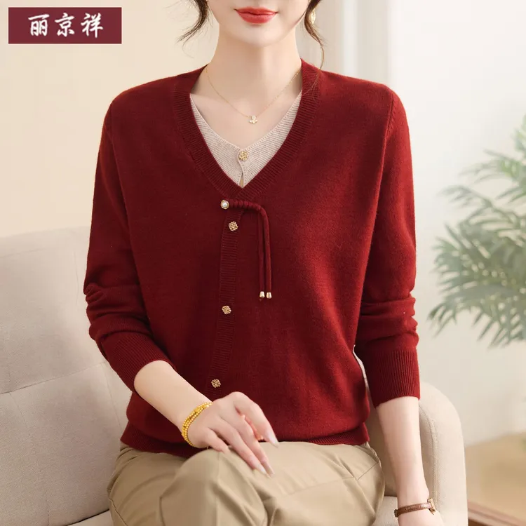 妈妈秋装套装喜婆婆婚宴装洋气针织小衫中老年春秋上衣打底毛衣女