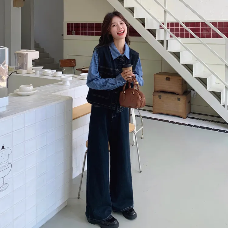 复古文艺风减龄百搭套装女2025秋季新款洋气马甲衬衫阔腿裤三件套