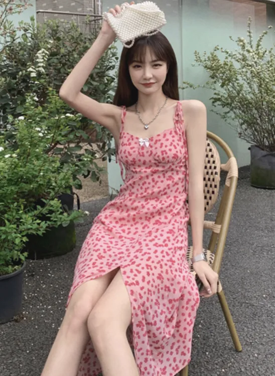hellokoko6620式女浪漫吊带裙碎花裙收腰修身长裙度假连衣裙