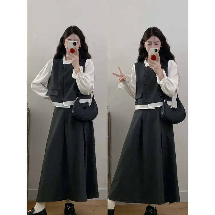 大码女装秋季新款韩版复古气质套装胖mm设计感撞色上衣半裙