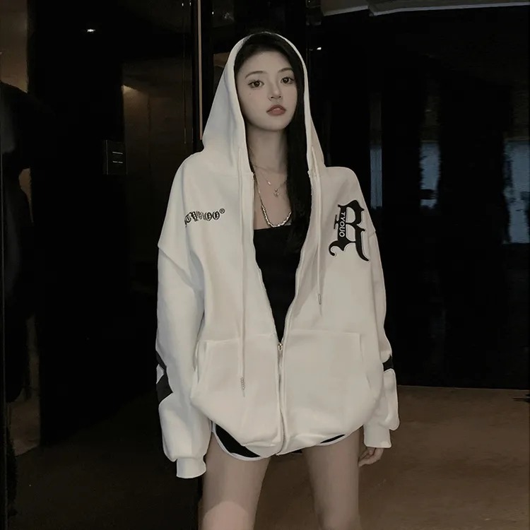 美式复古洋气白色慵懒风卫衣女春秋连帽宽松重工刺绣开衫薄款潮牌