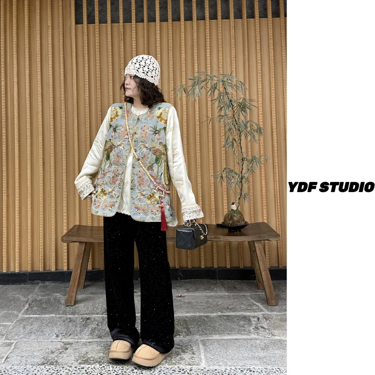 YDFSTUDIO小众【雾凇见凤】新中式国风重工刺绣拼接设计时尚马甲