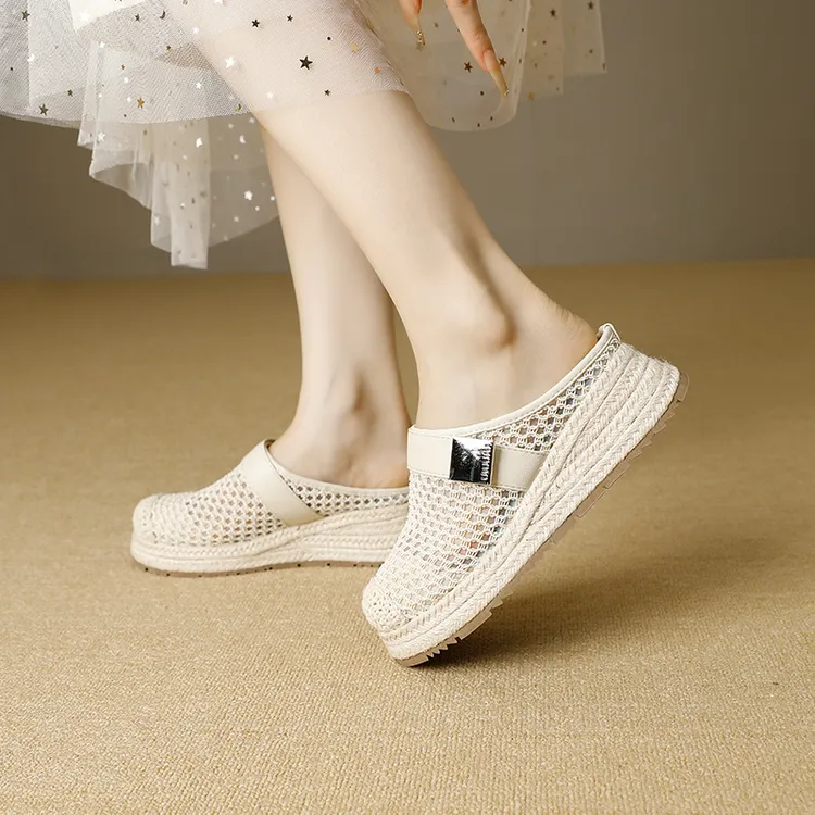 包头半拖鞋女2025新款休闲风网面渔夫鞋蕾丝透气厚底一脚蹬穆勒鞋