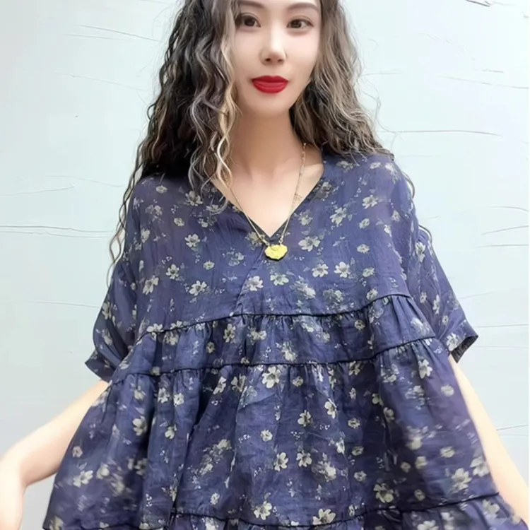 欧货高端蓝色复古印花薄衬衫女夏季休闲高级感洋气宽松娃娃衫上衣