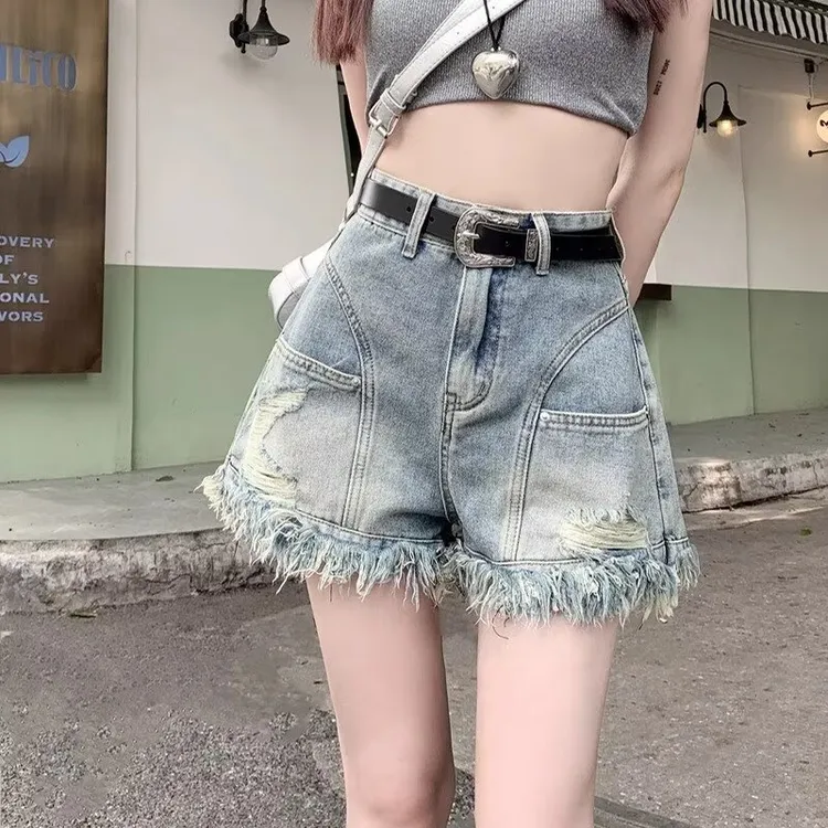 夏季复古破洞毛边流苏牛仔短裤女小众设计感辣妹高腰a字热裤ins潮