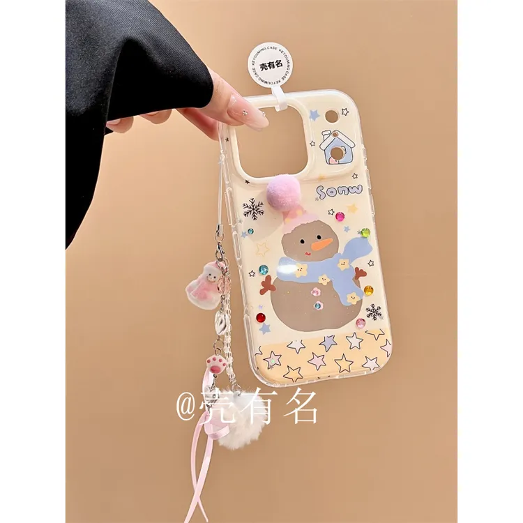 可爱闪粉镂空雪人立体小毛球挂件适用苹果17手机壳iPhone16/15/14