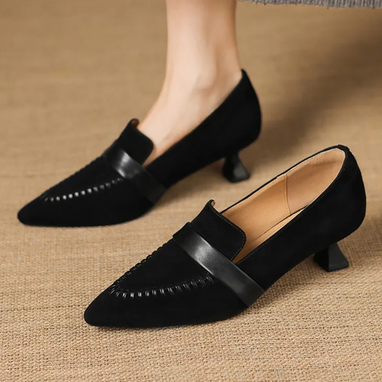 真皮拼接时尚编织气质尖头单鞋女百搭中跟猫跟深口法式通勤淑女鞋