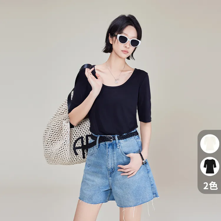 A美洋MEIYANG【商场同款】 凯拉T恤 醋酸拉架_简约百搭大圆领短袖