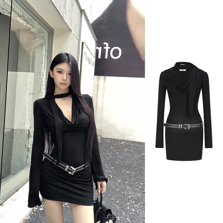 Moses Queen/魔西女王御姐荡领收腰连衣裙女秋黑色显瘦长袖包臀裙
