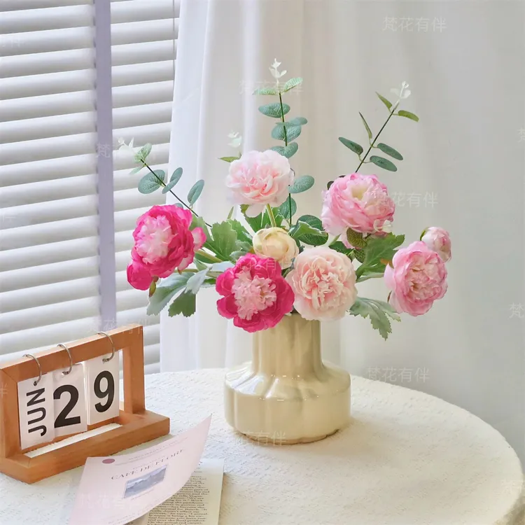 露莲仿真花假花花束客厅餐桌花艺摆件洋牡丹装饰桌面插花陶瓷花瓶