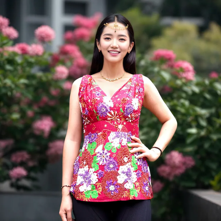 东南亚手工钉珠上衣蓝色性感风吊带花色女士显瘦复古背心极简风