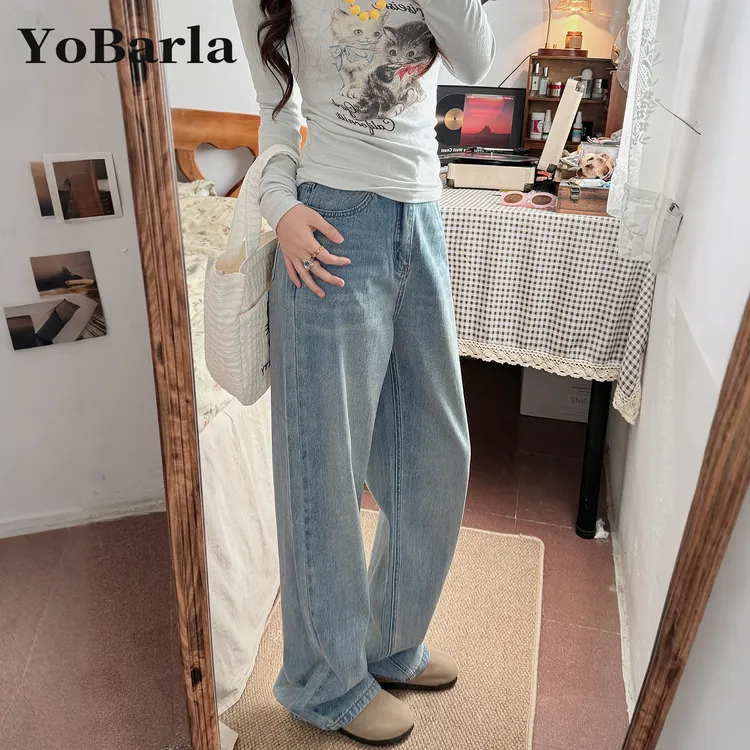 浅色阔腿牛仔裤女秋季新款梨形身材胖mm大码宽松显瘦垂感直筒裤子